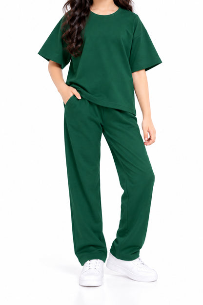 CHILINS Girls Green Co-Ord Set | Matching T-Shirt & Straight-Leg Pants