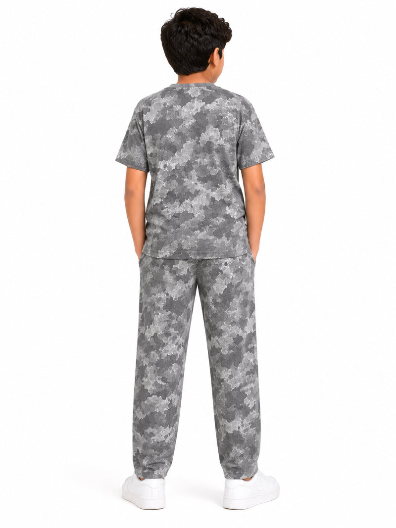 CHILINS Kids Grey Printed T-Shirt & Straight Fit Pants Co-Ord Set – Boys & Girls Casual Wear