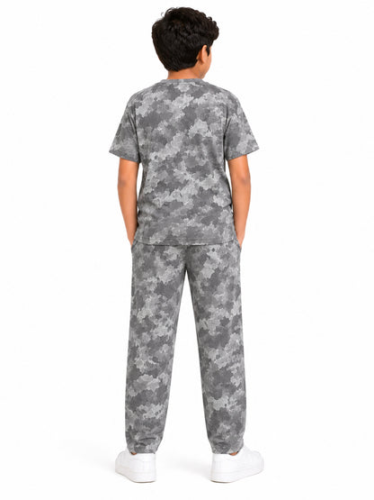 CHILINS Kids Grey Printed T-Shirt & Straight Fit Pants Co-Ord Set – Boys & Girls Casual Wear