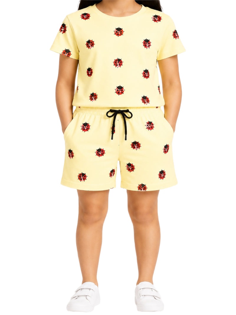 CHILINS Girls Yellow Ladybird Printed T-Shirt & Shorts Set | Kids Cotton Co-Ord Sportswear Set