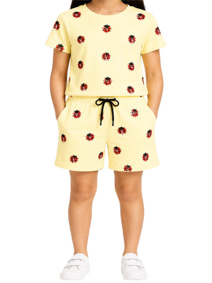 CHILINS Girls Yellow Ladybird Printed T-Shirt & Shorts Set | Kids Cotton Co-Ord Sportswear Set