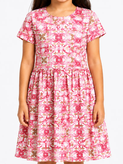 CHILINS Girls Pink Printed Cotton Frock Dress