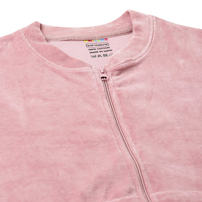 Girls Self Design Velvet Party Jacket with Zipper – Pink (Without Hood)