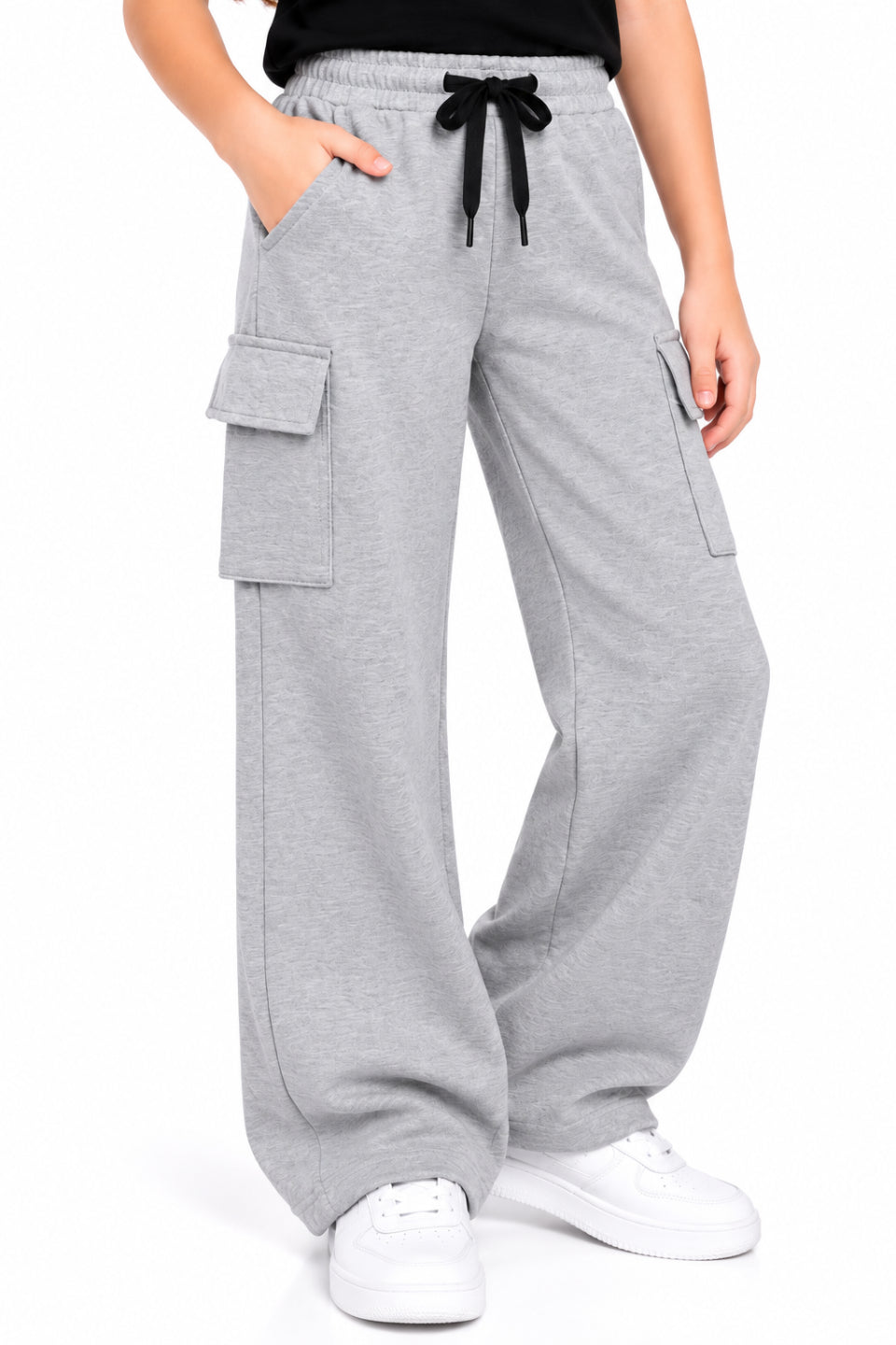 CHILINS Girls Grey Cotton Cargo Track Pants | Wide-Leg Trousers with Drawstring Waist