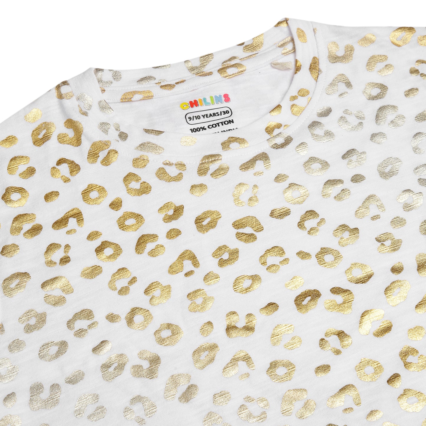 CHILINS Girls Cotton T-Shirt – White with Golden Animal Print