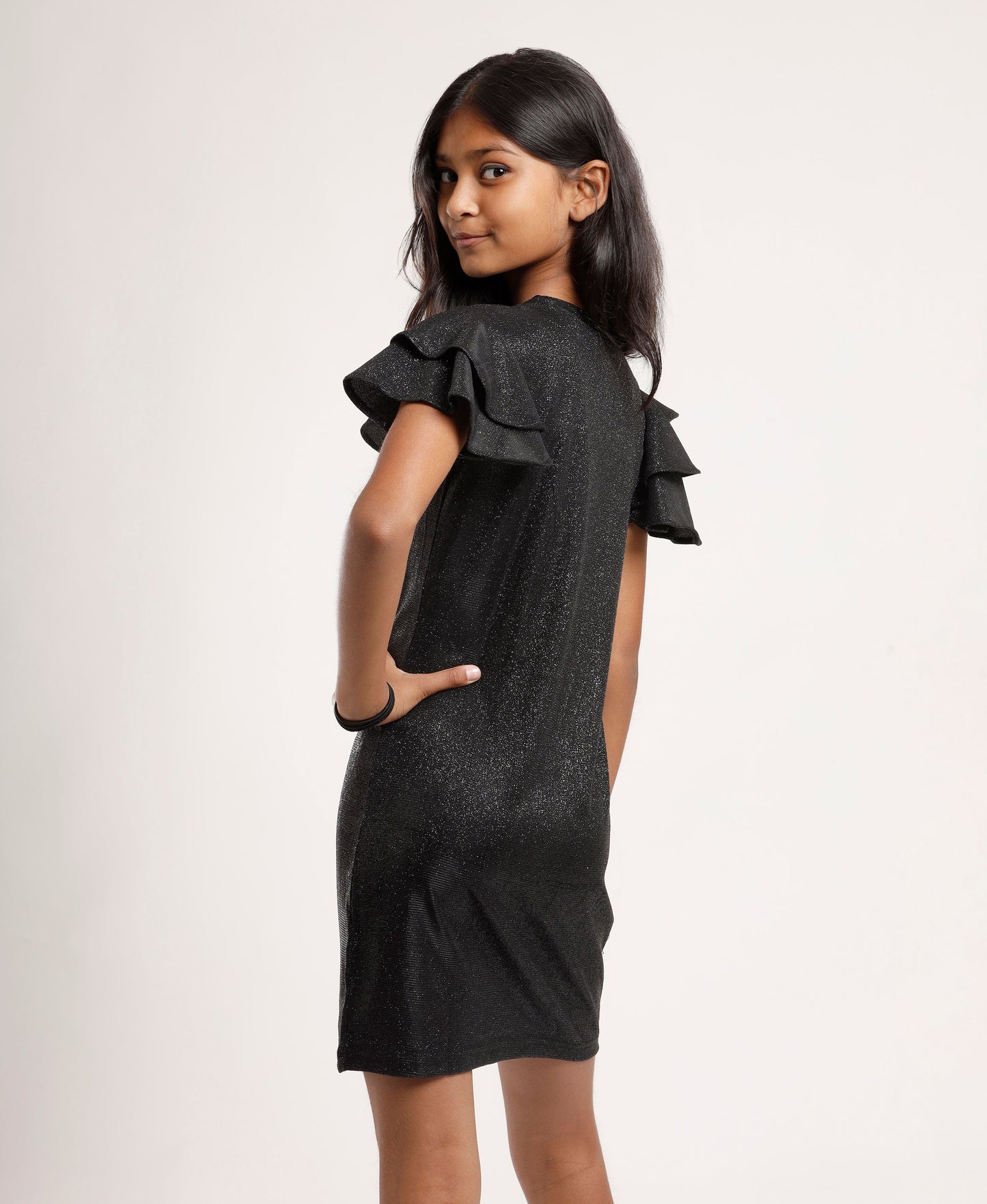 Girls’ Sparkle Black Party Dress with Layered Ruffle Sleeves – Elegant Shimmery A-Line Dress for Kids
