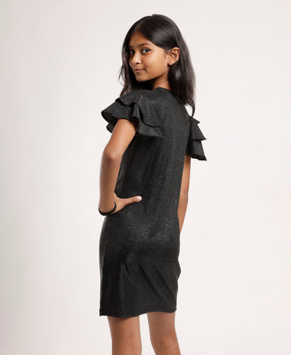 Girls’ Sparkle Black Party Dress with Layered Ruffle Sleeves – Elegant Shimmery A-Line Dress for Kids