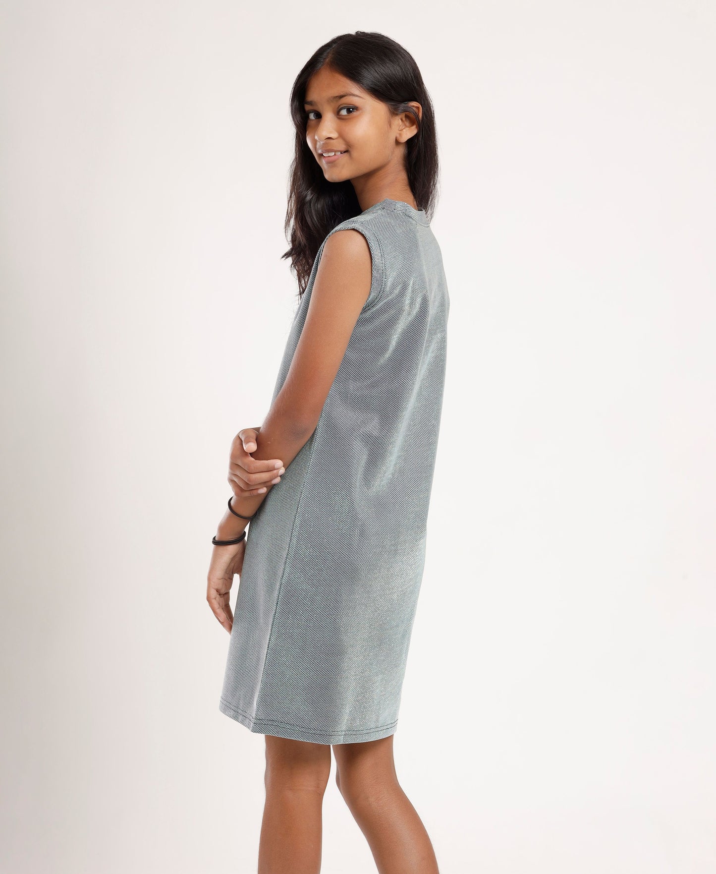 Girls Knee-Length Grey Shift Dress | Sleeveless Stylish Casual & Festive Wear