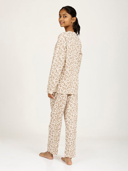 CHILINS Girls Pure Cotton Beige Brown Full Sleeve T-Shirt Pyjama Set – Animal Print
