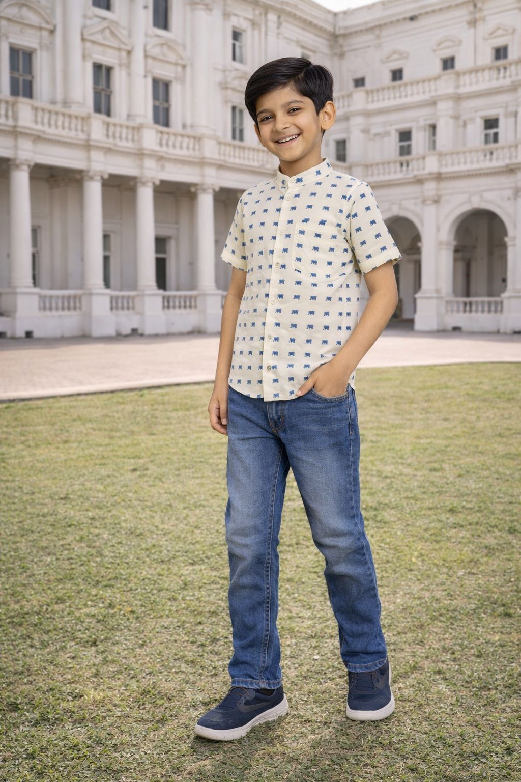 CHILINS Boys Cotton Printed Shirt with Mandarin Collar – Casual Wear