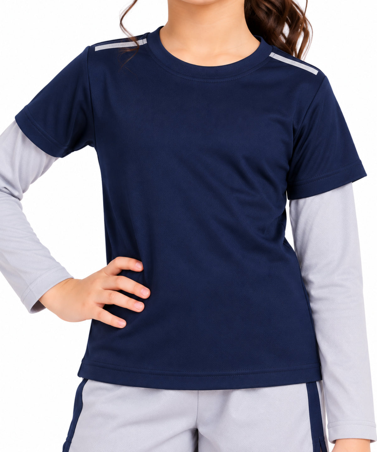 CHILINS Kids Navy Blue & Grey Sports T-Shirt | Boys & Girls | Layered Sleeves | Active Wear