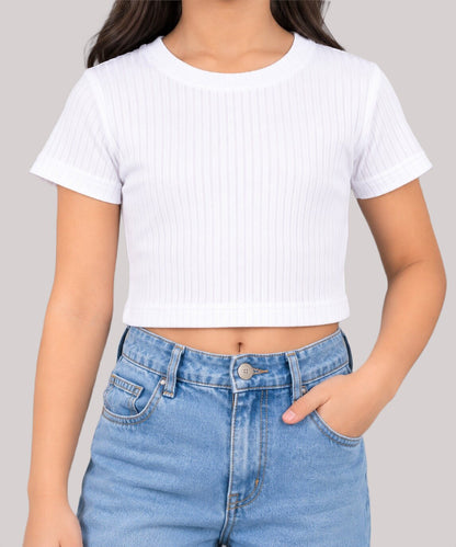 CHILINS Girls White Ribbed Crop Top | Short Sleeve Round Neck Casual Top for Kids