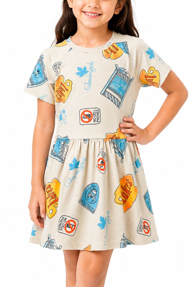 CHILINS Girls Beige Printed Round Neck Fit & Flare Dress