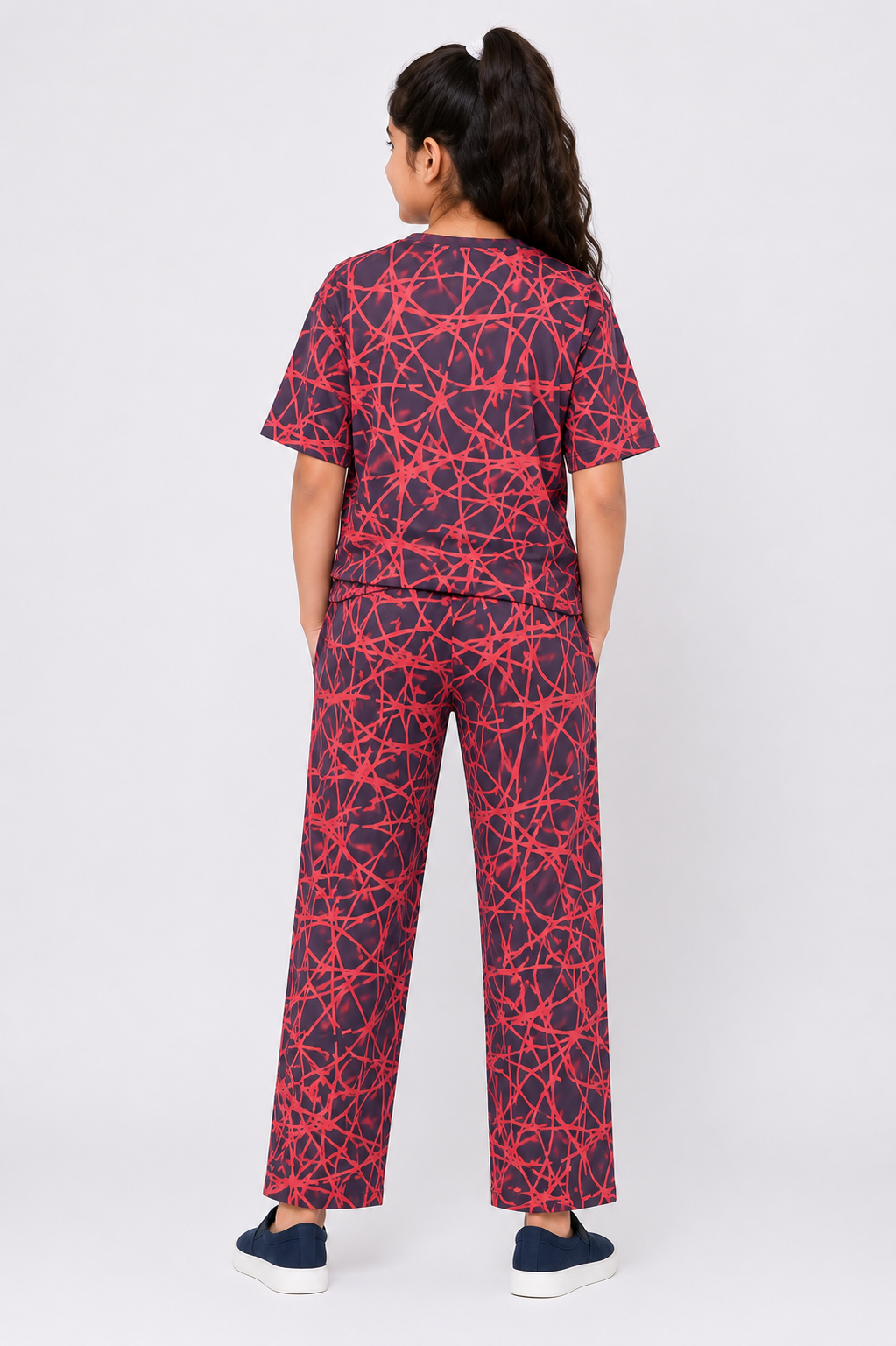 CHILINS Girls Red & Black Printed T-Shirt & Palazzo Pants Co-Ord Set – Casual Wear
