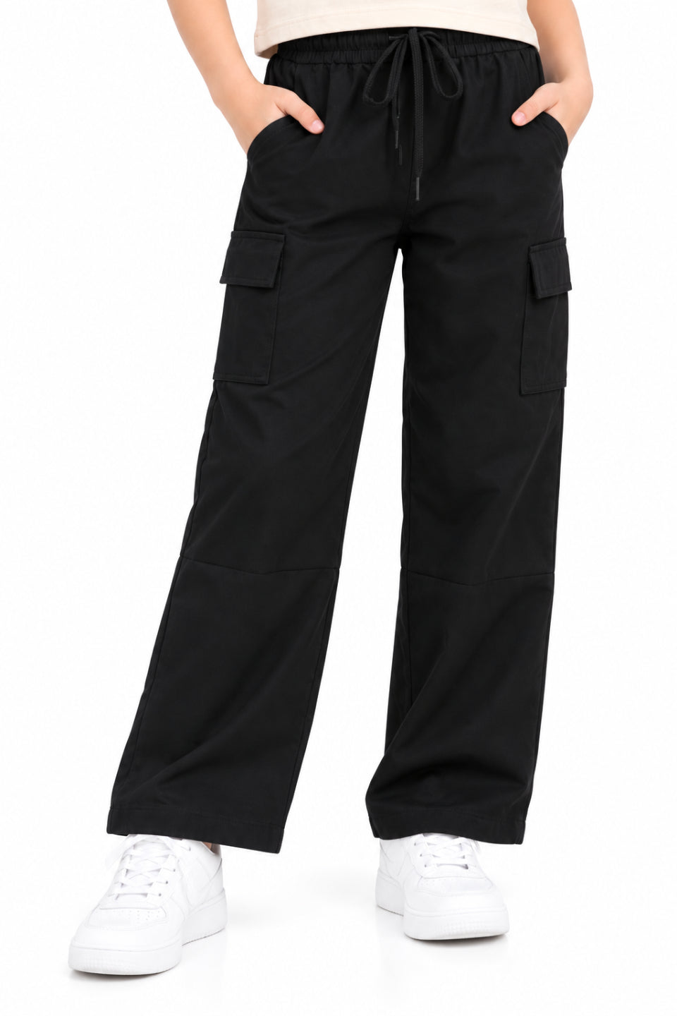 CHILINS Girls Black Cotton Cargo Track Pants | Wide-Leg Trousers with Drawstring Waist