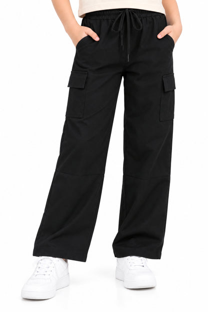 CHILINS Girls Black Cotton Cargo Track Pants | Wide-Leg Trousers with Drawstring Waist