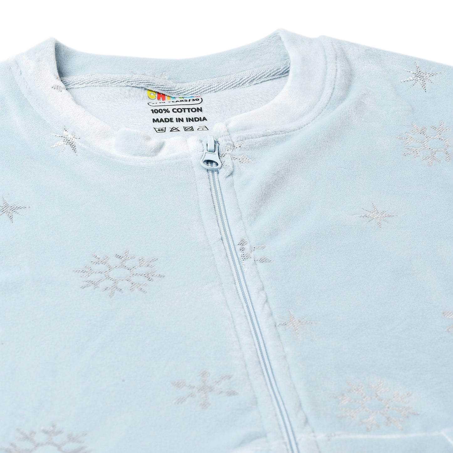 Girls Self Design Velvet Party Jacket with Zipper – Light Blue (Without Hood)