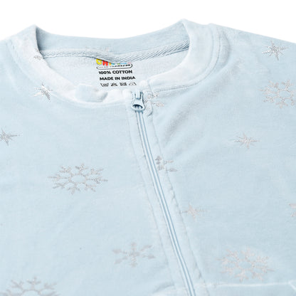 Girls Self Design Velvet Party Jacket with Zipper – Light Blue (Without Hood)