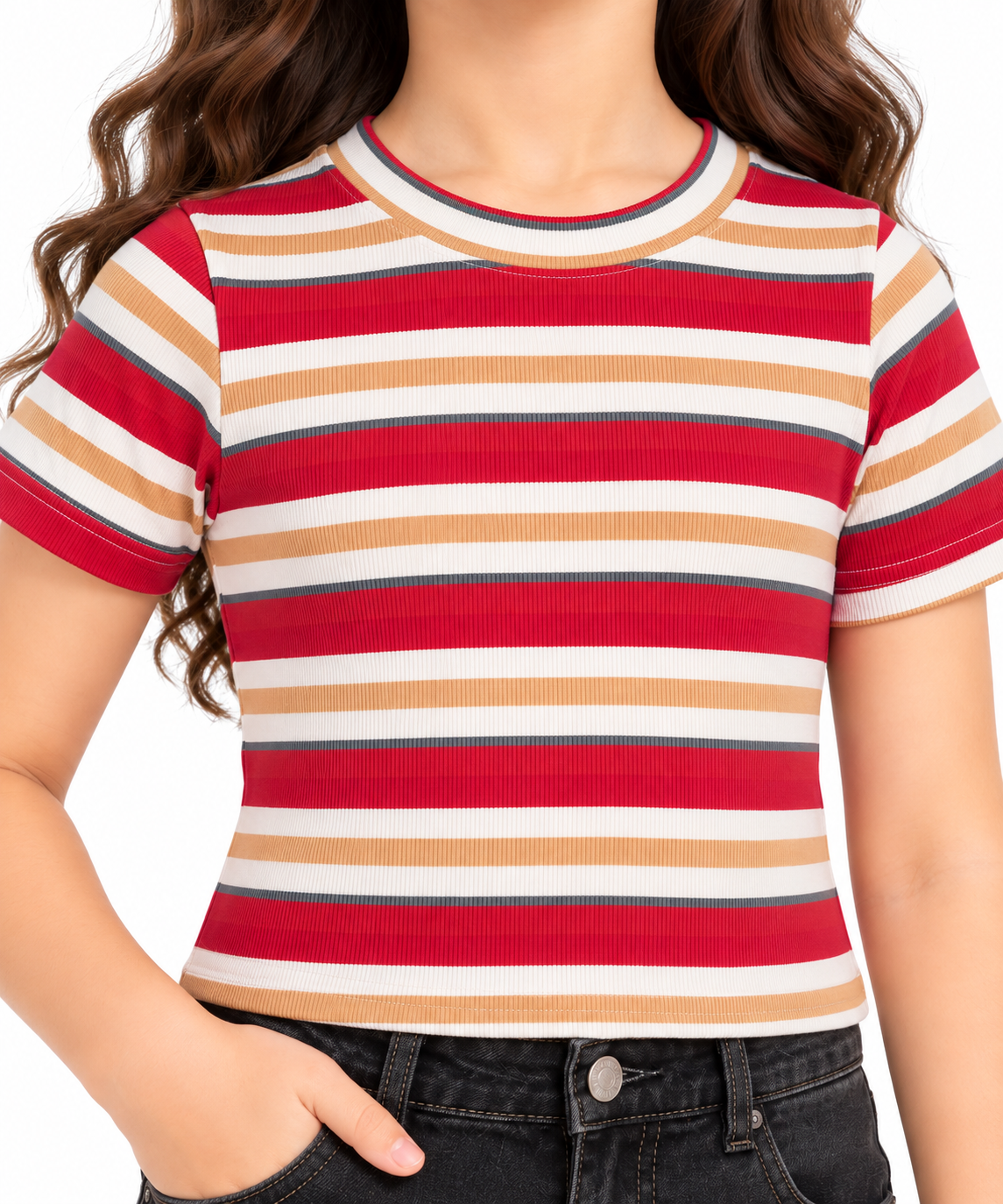CHILINS Girls Red, White & Beige Striped Crop Top | Short Sleeve Round Neck Casual Top