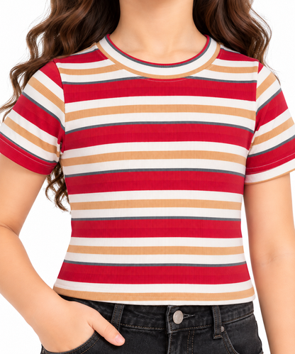 CHILINS Girls Red, White & Beige Striped Crop Top | Short Sleeve Round Neck Casual Top