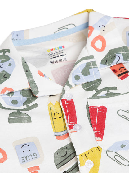 CHILINS Boys School Print Night Suit Set | 100% Pure Cotton Full Sleeve Shirt & Pyjama