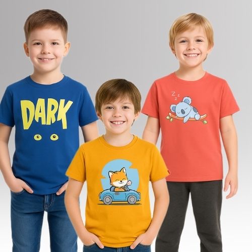 Round Neck Printed Super Combed Cotton T-shirt, (Pack of 3)