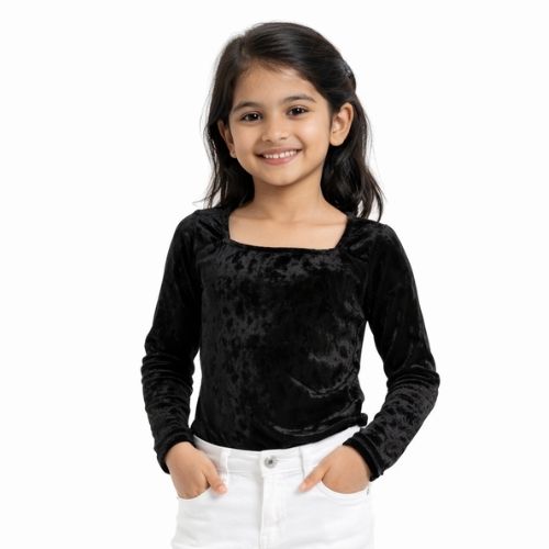 CHILINS Girls Black Velvet Full Sleeve Top – Stylish Party & Casual Wear