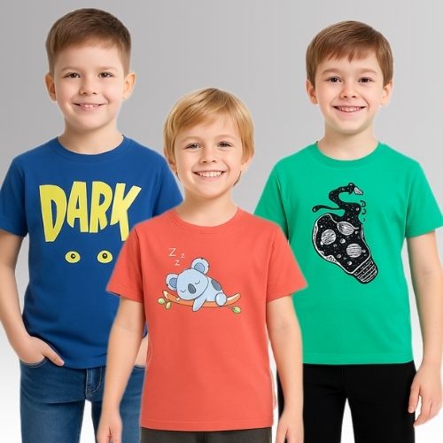 Round Neck Printed Super Combed Cotton T-shirt, (Pack of 3)