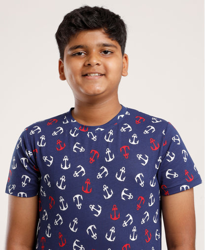 Printed Boys Half Sleeves Pyjama Set - Anchor - Coord set -Blue Night suit