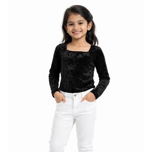 CHILINS Girls Black Velvet Full Sleeve Top – Stylish Party & Casual Wear