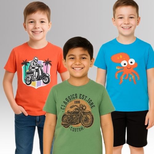 Round Neck Printed Super Combed Cotton T-shirt, (Pack of 3)