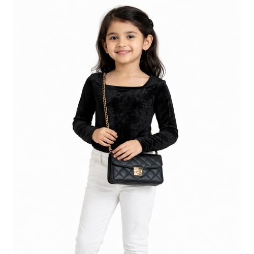 CHILINS Girls Black Velvet Full Sleeve Top – Stylish Party & Casual Wear
