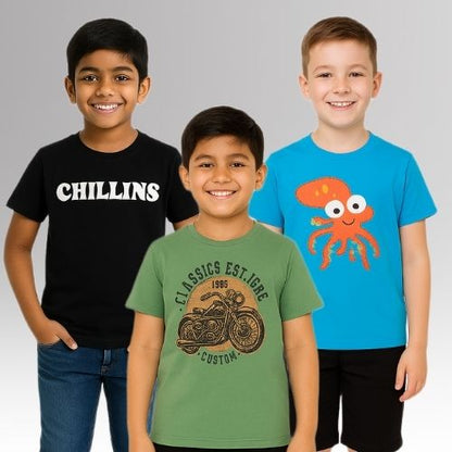 Round Neck Printed Super Combed Cotton T-shirt, (Pack of 3)