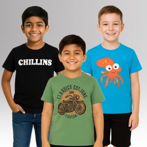 Round Neck Printed Super Combed Cotton T-shirt, (Pack of 3)