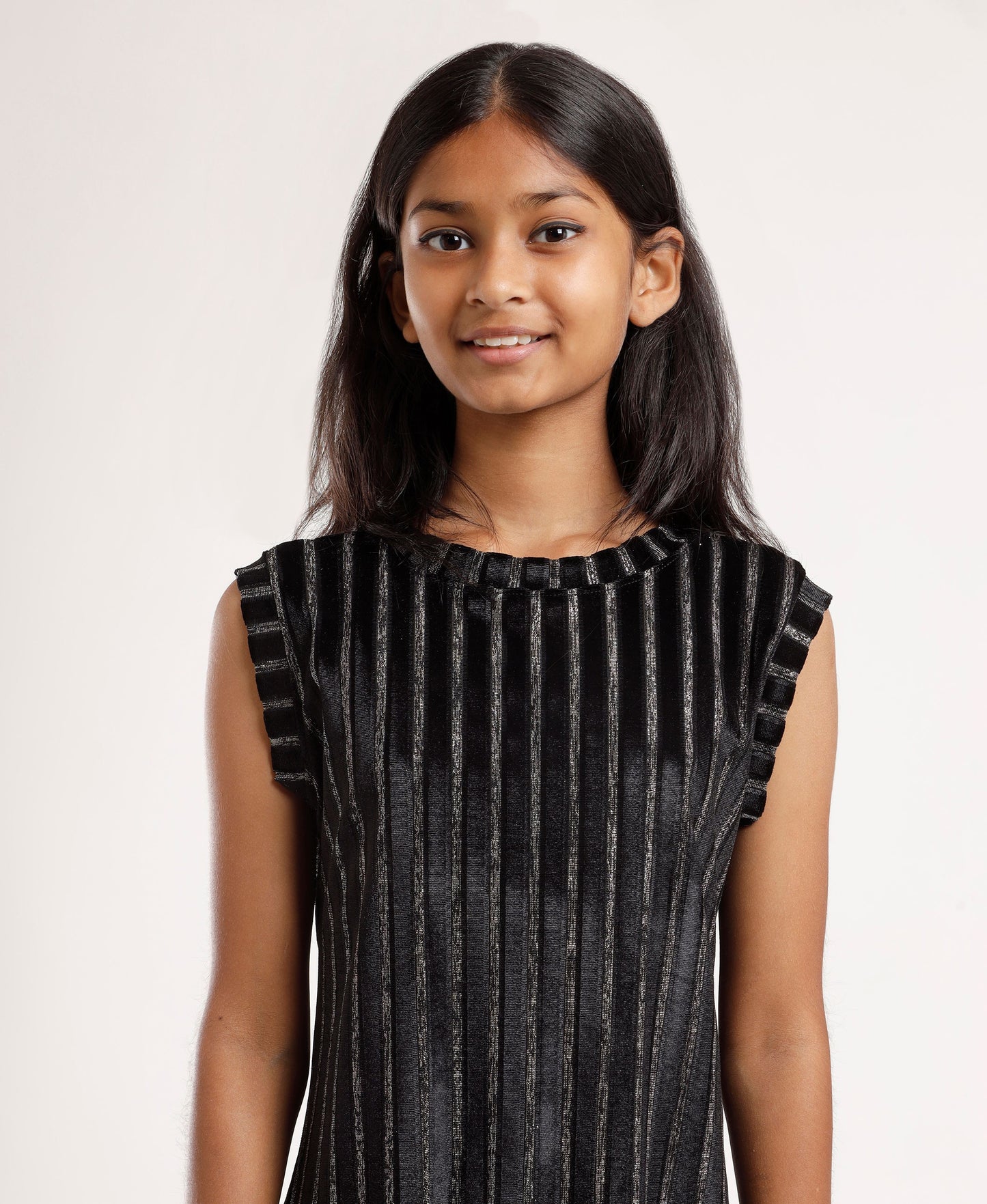 Girls Black Metallic Sleeveless Dress | Elegant Knee-Length Party Wear