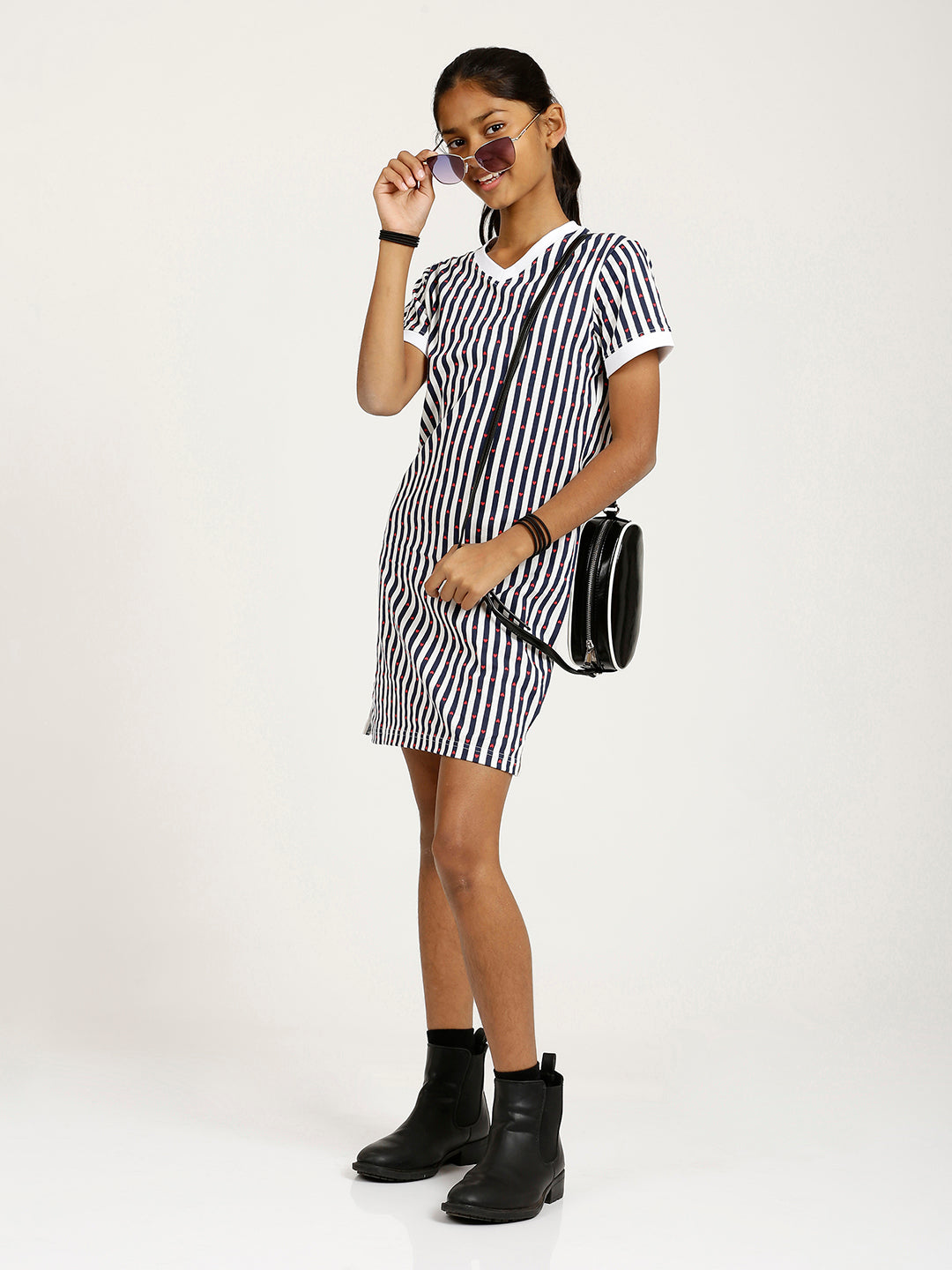 CHILINS Girls Pure Cotton Casual Dress – White & Blue Striped