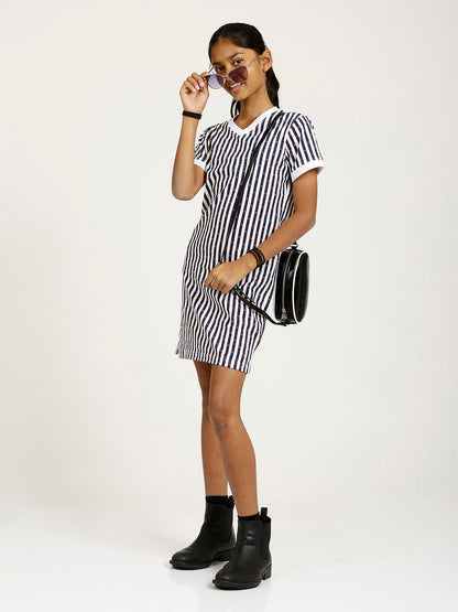 CHILINS Girls Pure Cotton Casual Dress – White & Blue Striped
