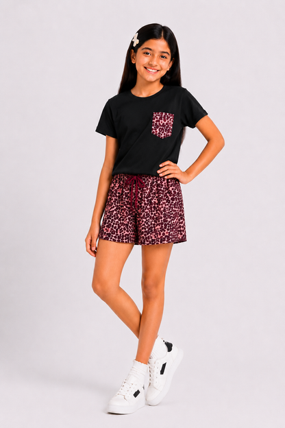 CHILINS Girls Black T-Shirt & Printed Shorts Co-Ord Set