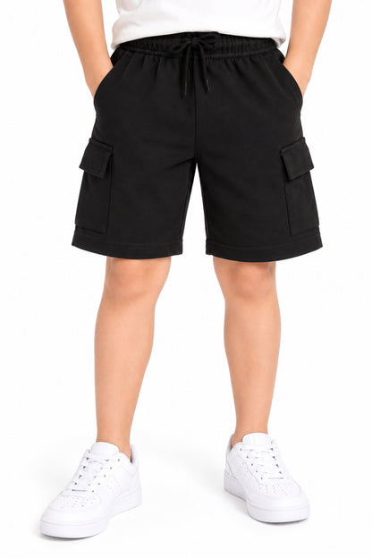 CHILINS Boys Black Cargo Shorts | Drawstring Waist | Side Utility Pockets | Regular Fit | Casual Everyday Wear