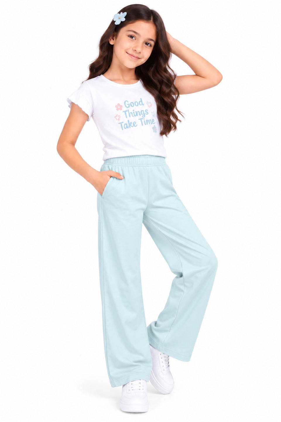 CHILINS Girls Light Blue Wide Leg Palazzo Pants | Elasticated Waist | Side Pockets | Full Length | Regular Fit