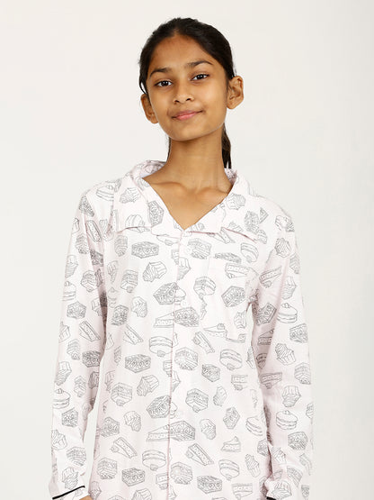 CHILINS Girls Shirt Pyjama Night Dress – Pure Cotton, Pink Foodies Print
