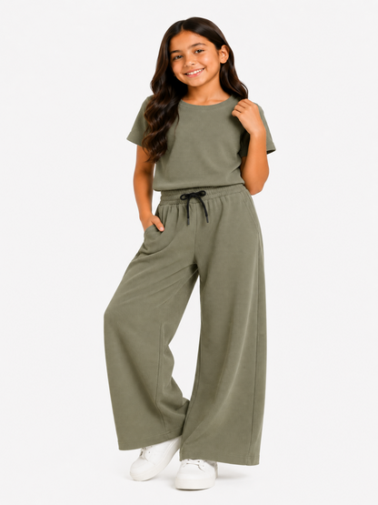 CHILINS Girls Olive Green Textured Top & Wide-Leg Pants Set