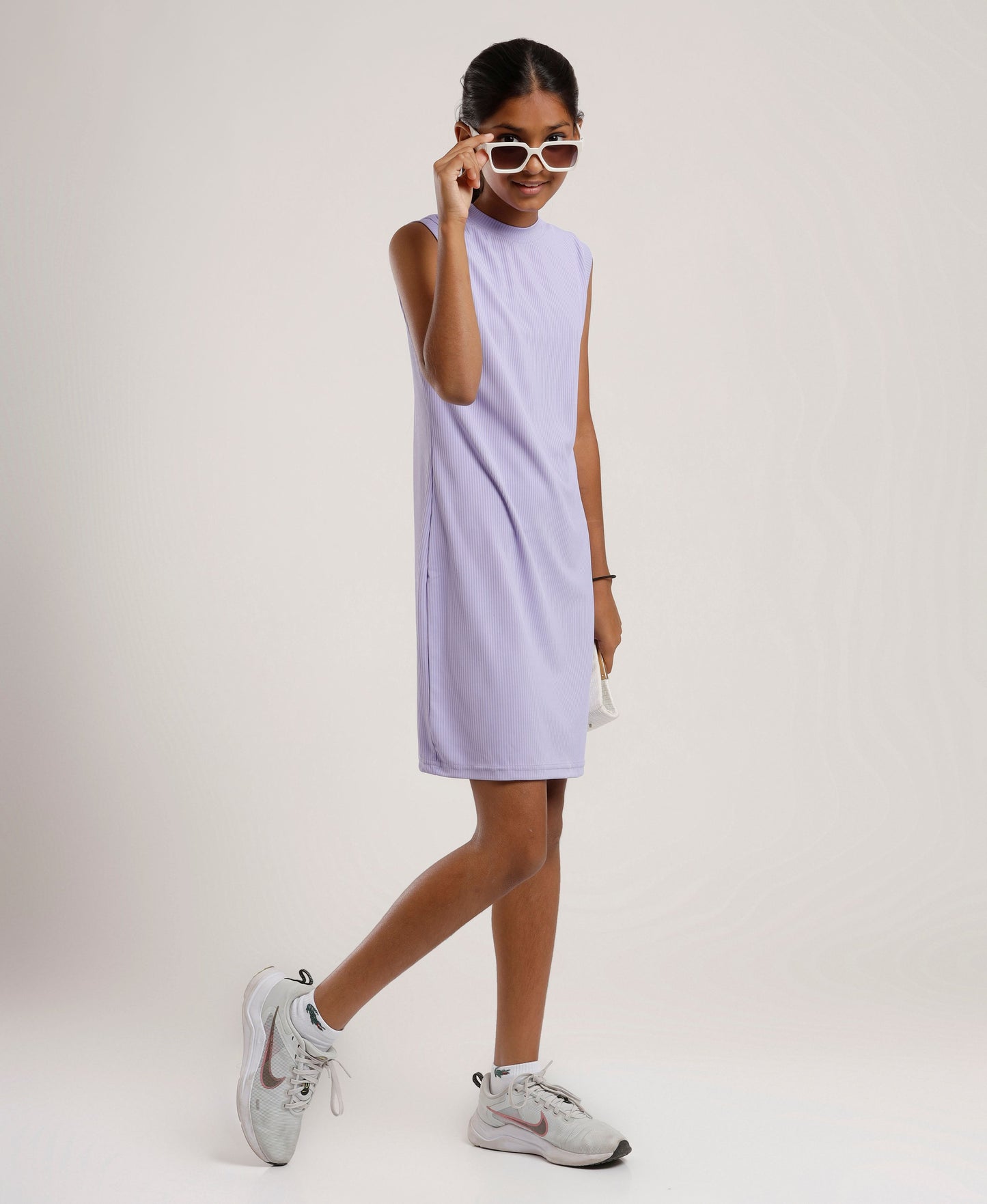 Girls Solid Light Purple Sleeveless Dress | Everyday Knee-Length Casual Wear