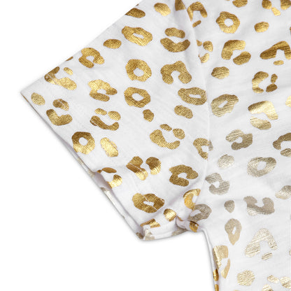 CHILINS Girls Cotton T-Shirt – White with Golden Animal Print