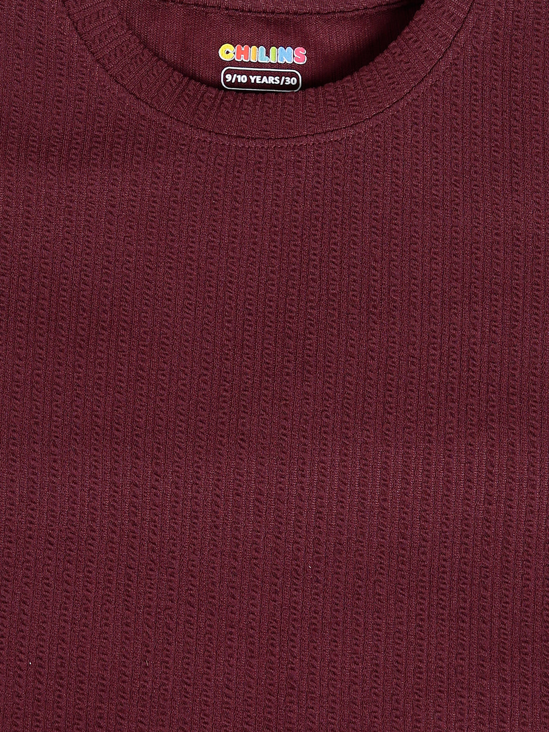 CHILINS Kids Maroon Textured T-Shirt | Polyester Blended Ribbed Casual Top for Boys & Girls
