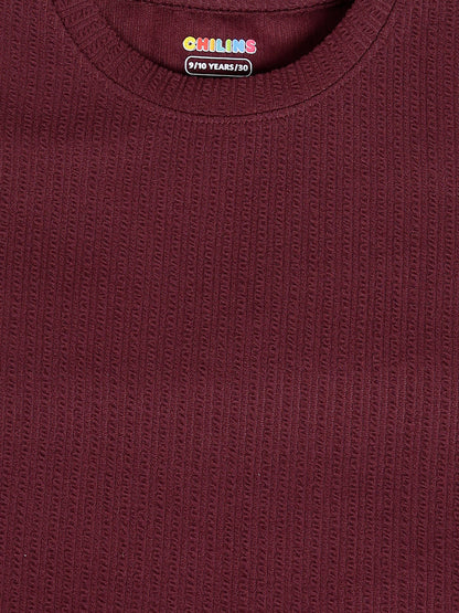 CHILINS Kids Maroon Textured T-Shirt | Polyester Blended Ribbed Casual Top for Boys & Girls