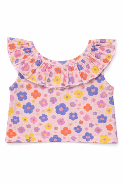 CHILINS Girls Cotton Printed Ruffle Neck Top – Cute Summer Casual Wear