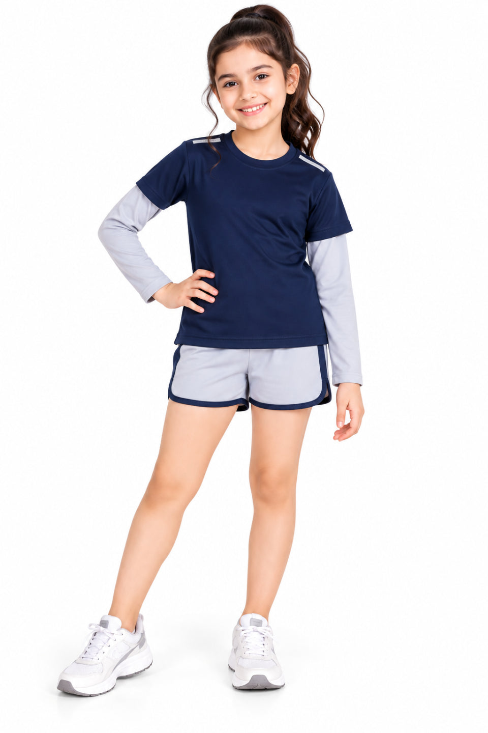 CHILINS Kids Navy Blue & Grey Sports T-Shirt | Boys & Girls | Layered Sleeves | Active Wear
