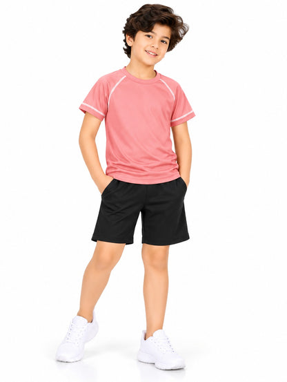 CHILINS Kids Coral Pink Sports T-Shirt | Boys & Girls | Raglan Sleeves | Contrast Stitching