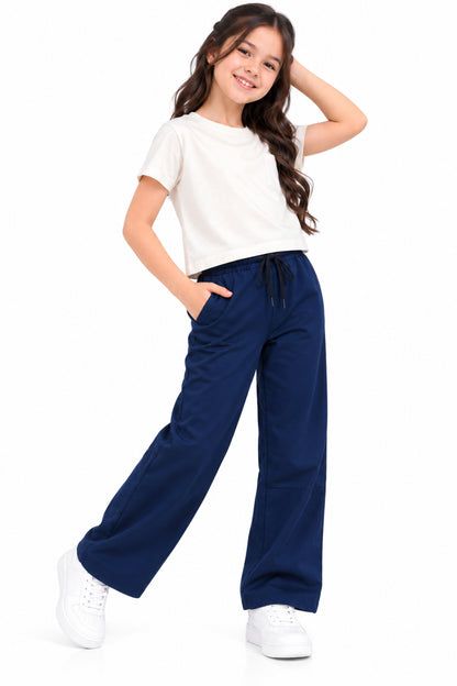 CHILINS Girls Navy Blue Cotton Track Pants | Wide-Leg Trousers with Drawstring Waist